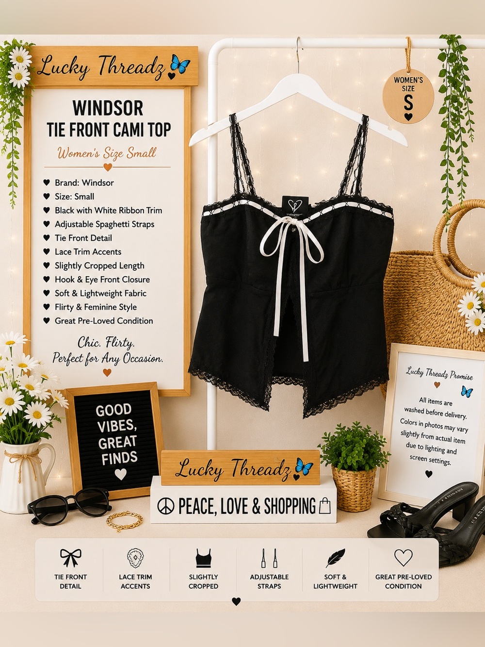 Windsor Black Cami Top with White Ribbon Tie